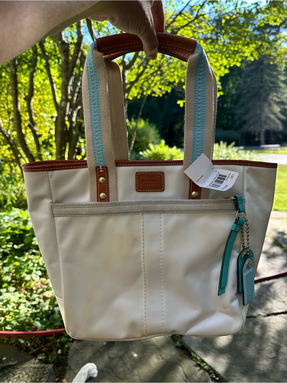 Coach Ivory Canvas Tote with Teal Strap Accents